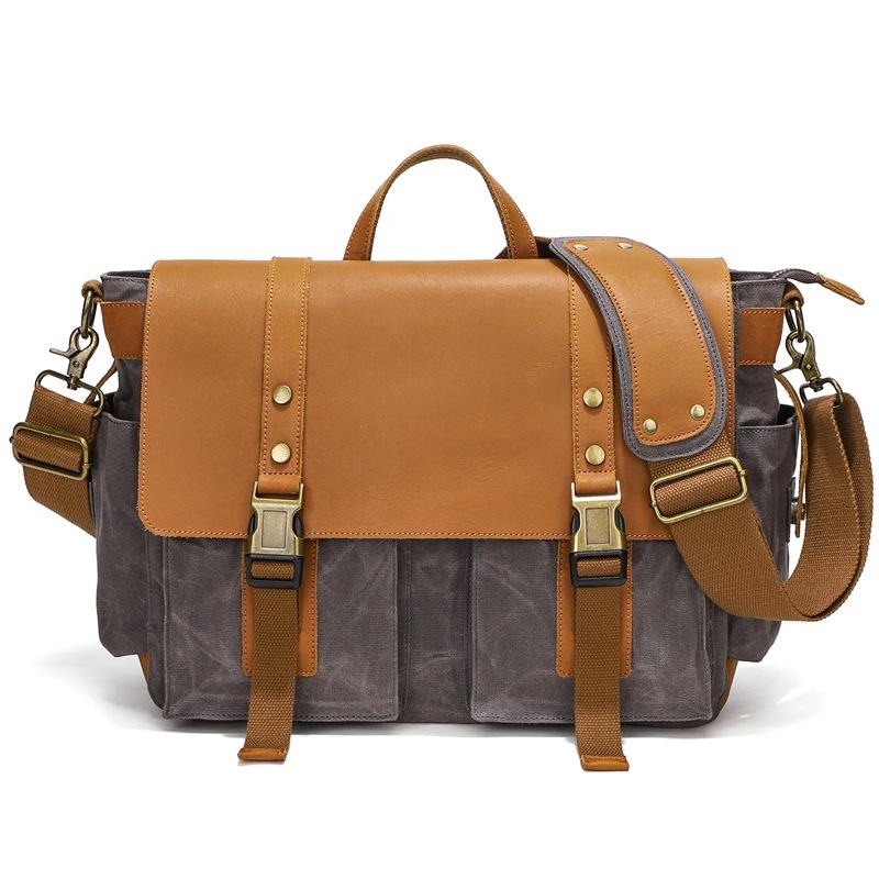 Leather Waxed Canvas Crossbody Bag For Outdoors - S11 Gray