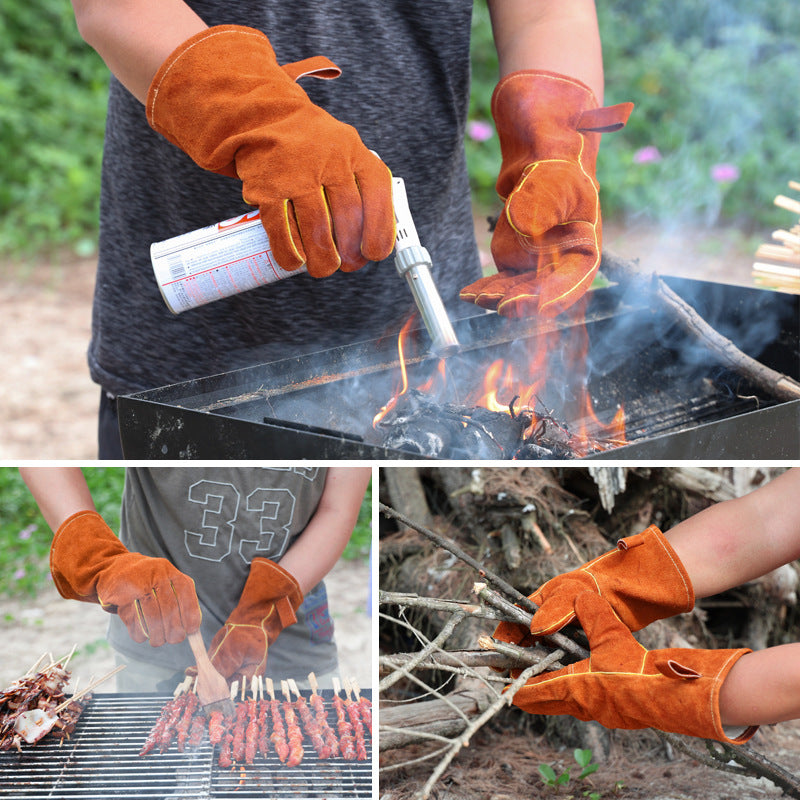 Grey 14-Inch Premium Leather BBQ Gloves - Heat-Resistant Up to 500 Degree