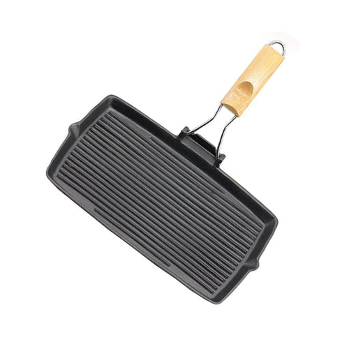 20.5cm Rectangular Cast Iron Griddle Grill Frying Pan with Folding Wooden Handle — view 1