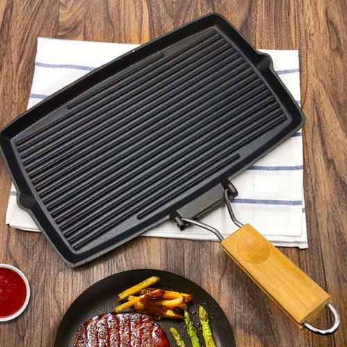 20.5cm Rectangular Cast Iron Griddle Grill Frying Pan with Folding Wooden Handle — view 2