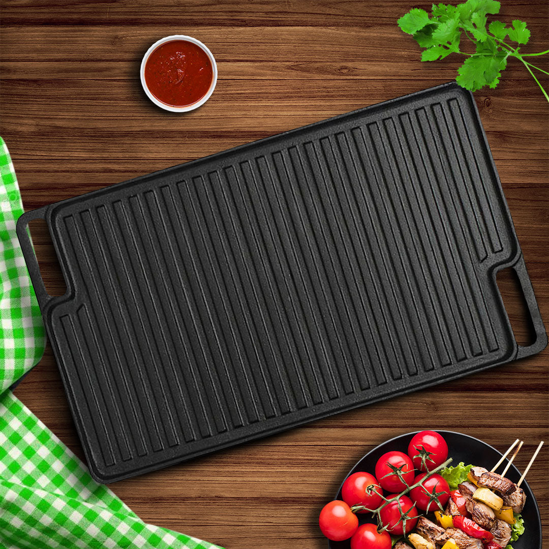 SOGA 45cm Rectangular Cast Iron Portable Fry BBQ Grill Plate Cooking Pan Tray With Handle