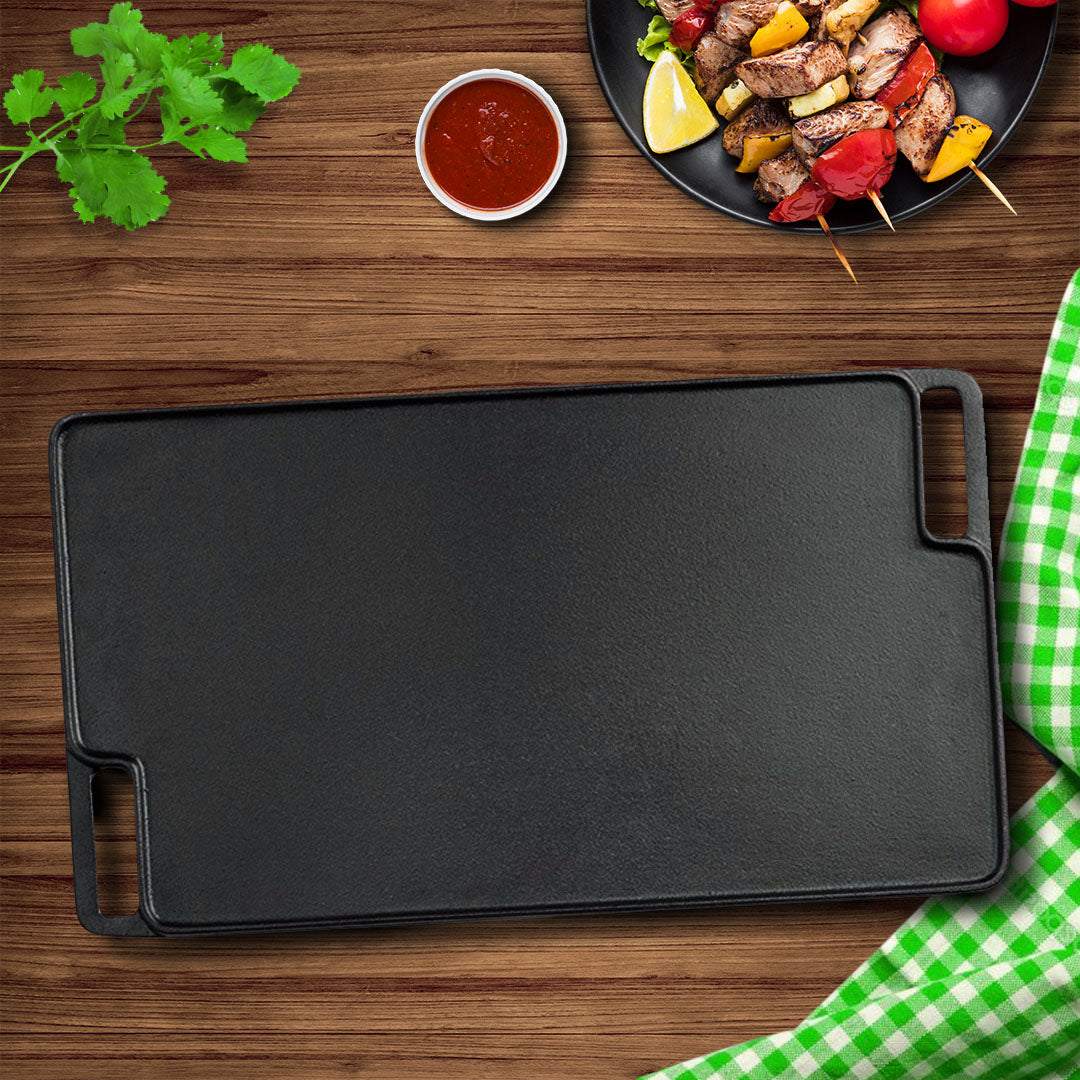 SOGA 45cm Rectangular Cast Iron Portable Fry BBQ Grill Plate Cooking Pan Tray With Handle