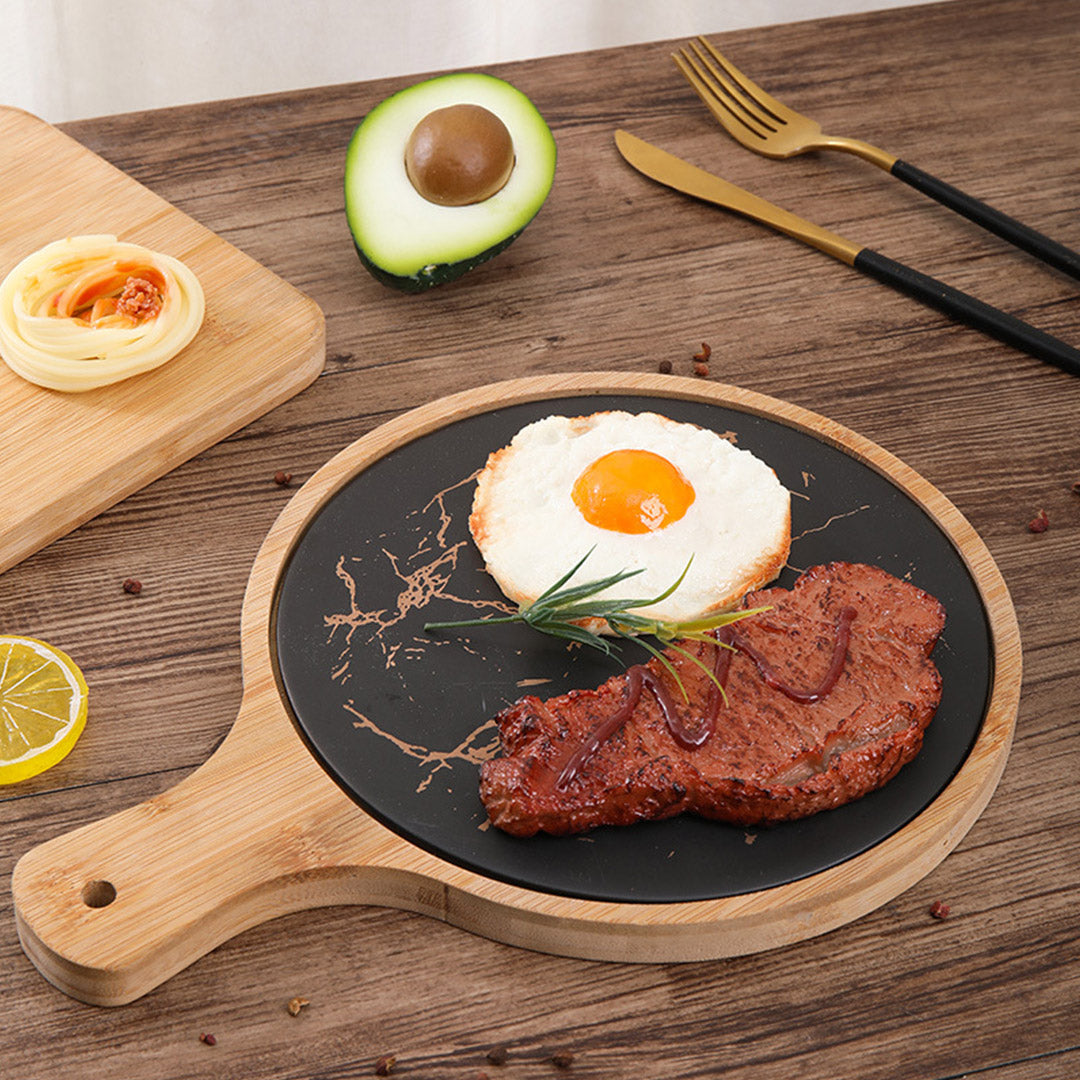 SOGA 30cm Black Circle Wooden Serving Tray Slate Steak Serving Platter Chopping Board