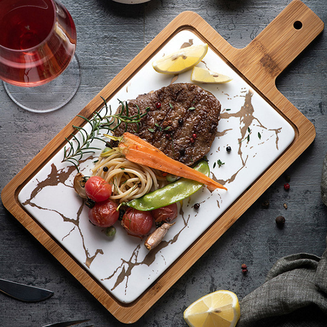 SOGA 33.5cm White Square Wooden Serving Tray Slate Steak Serving Platter Chopping Board