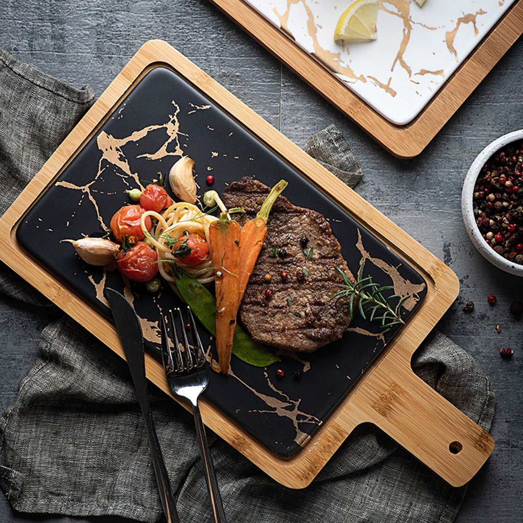 SOGA 33.5cm Black Square Wooden Serving Tray Slate Steak Serving Platter Chopping Board