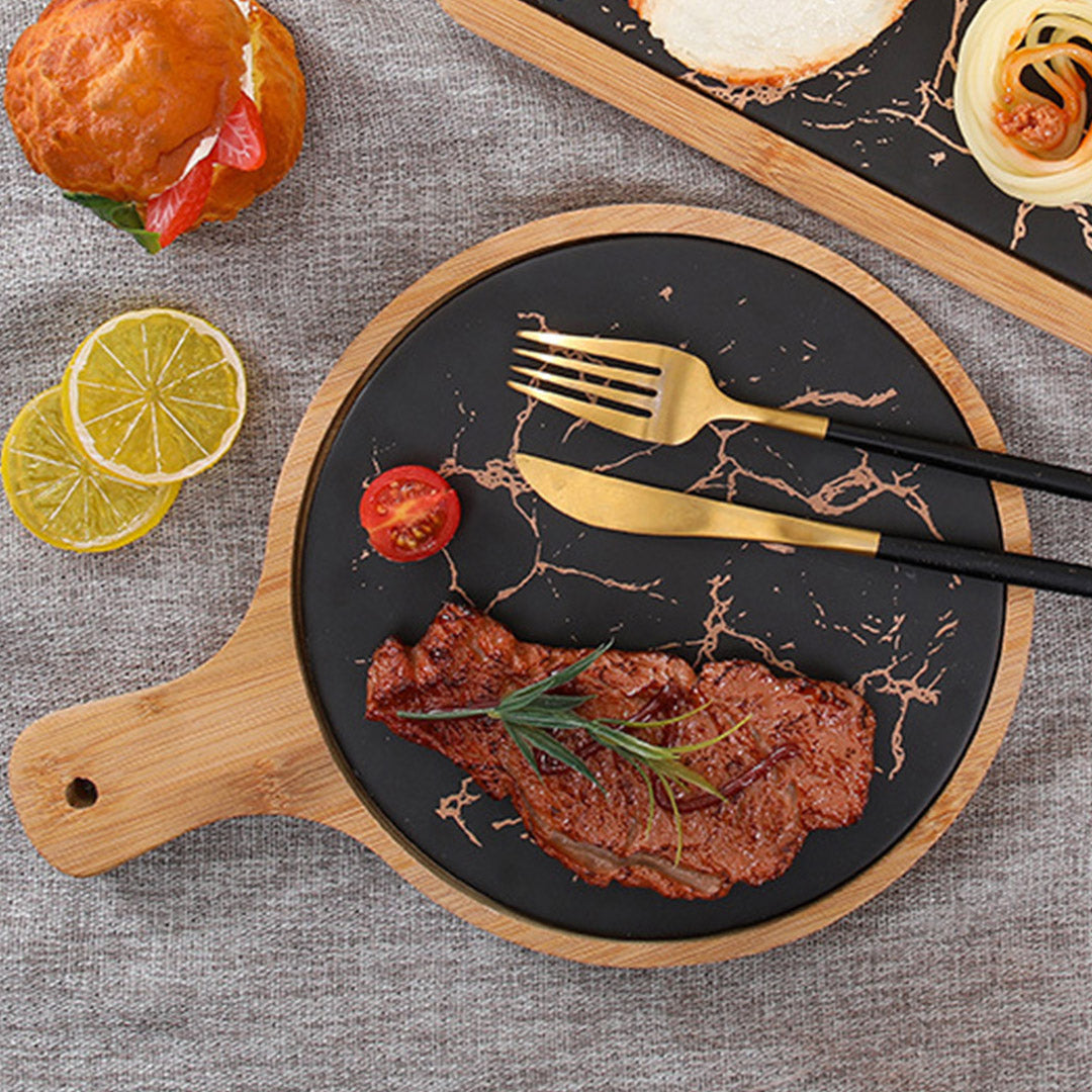 SOGA 30cm Black Circle Wooden Serving Tray Slate Steak Serving Platter Chopping Board