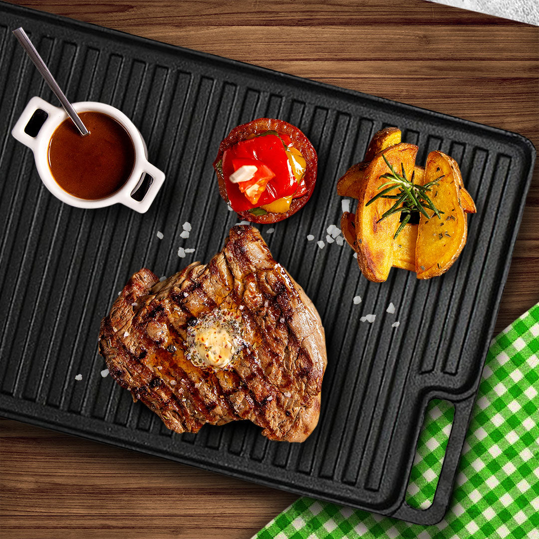SOGA 45cm Rectangular Cast Iron Portable Fry BBQ Grill Plate Cooking Pan Tray With Handle