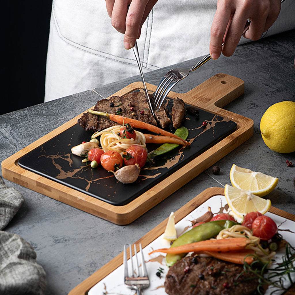 SOGA 33.5cm Black Square Wooden Serving Tray Slate Steak Serving Platter Chopping Board