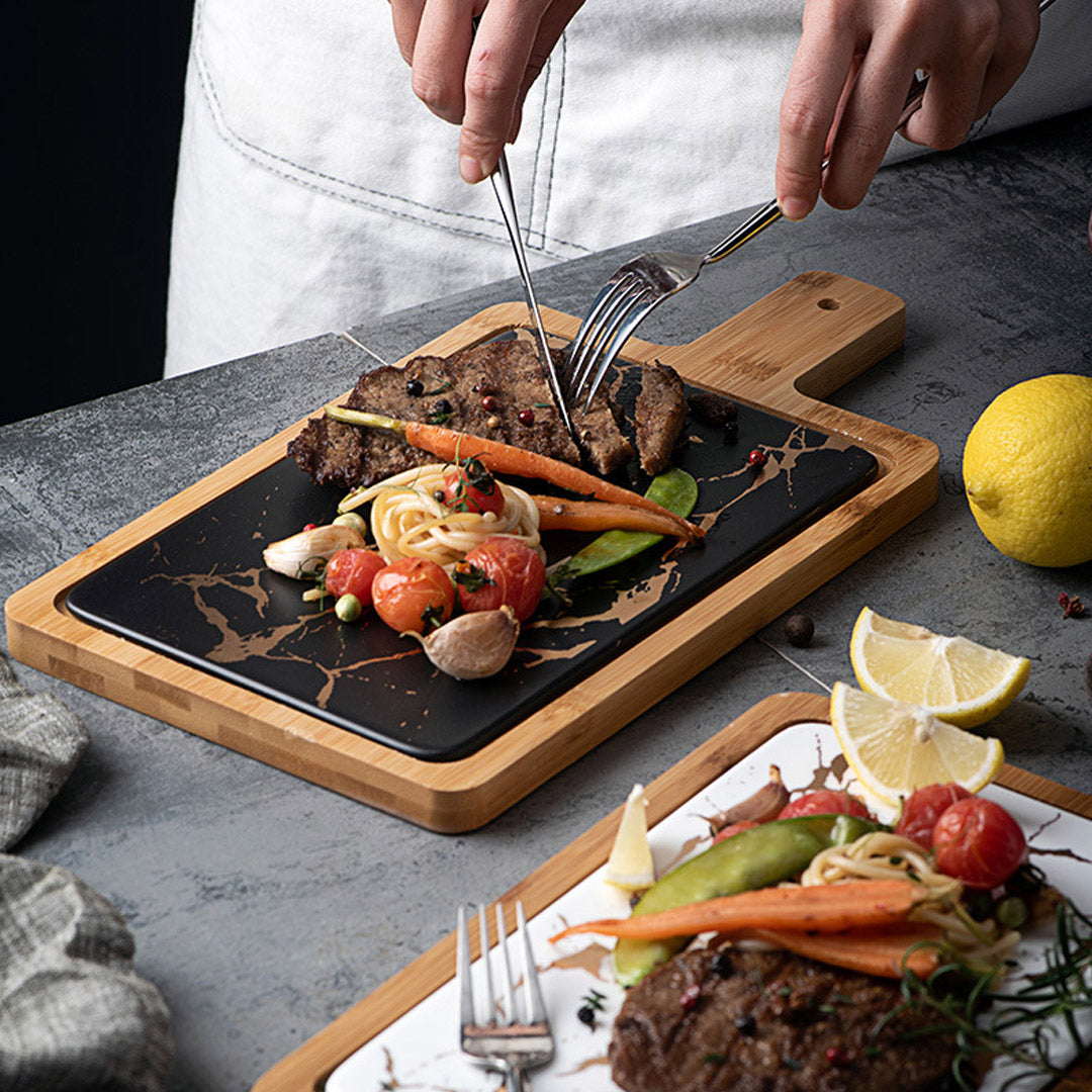 SOGA 33.5cm Black Square Wooden Serving Tray Slate Steak Serving Platter Chopping Board