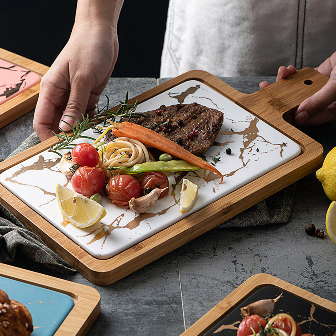 SOGA 33.5cm White Square Wooden Serving Tray Slate Steak Serving Platter Chopping Board