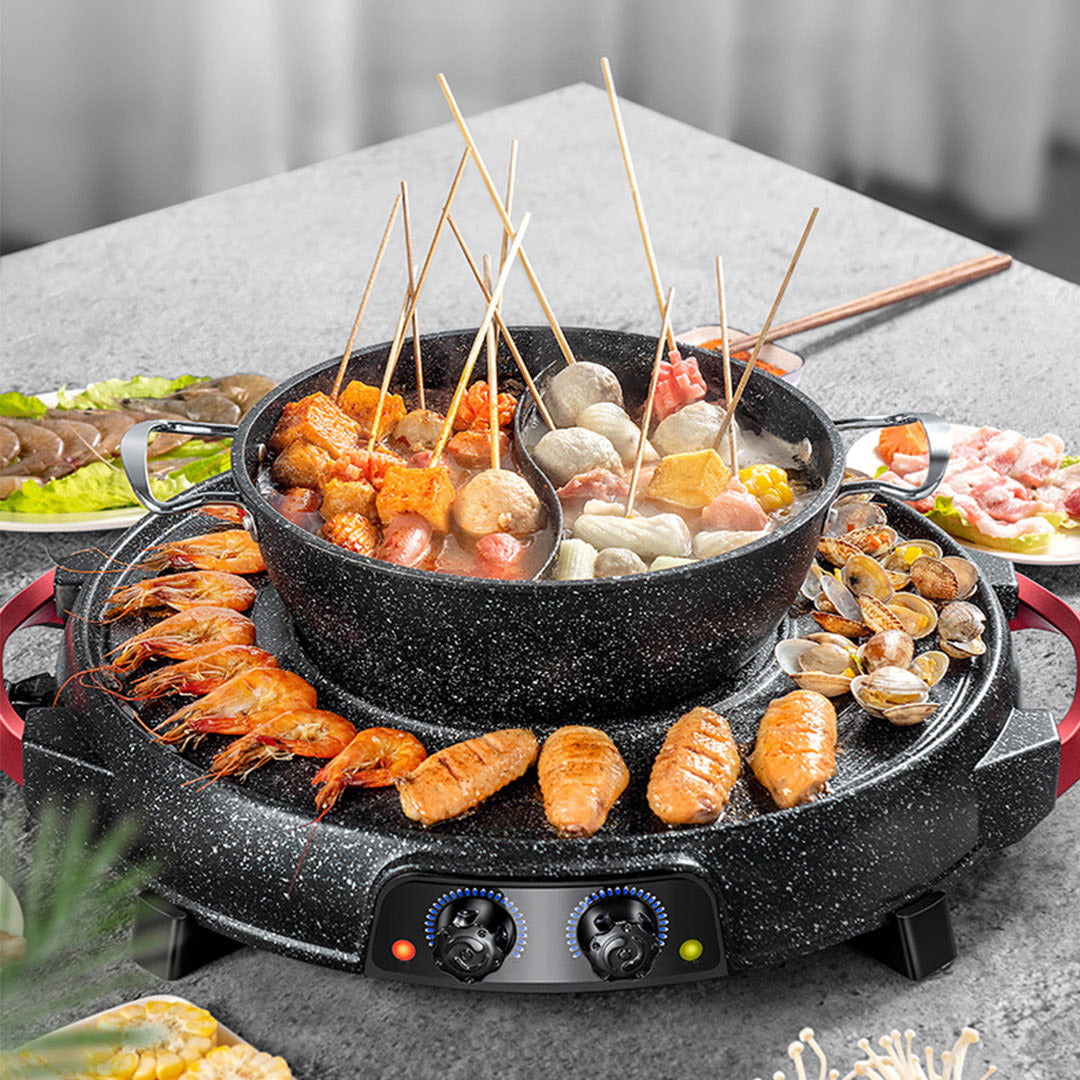 SOGA 2 In 1 Electric Stone Coated Grill Plate Steamboat Two Division Hotpot