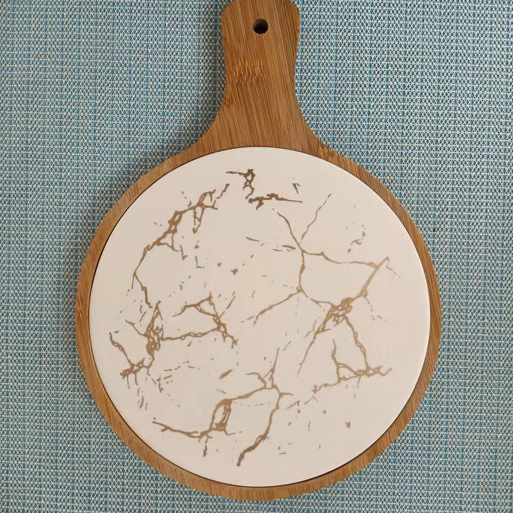 SOGA 30cm White Circle Wooden Serving Tray Slate Steak Serving Platter Chopping Board