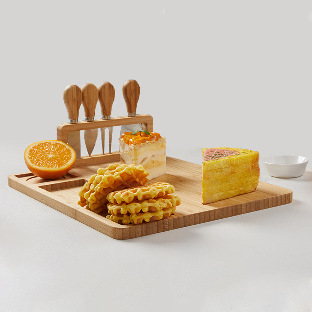 SOGA 36cm Brown Rectangular Wood Cheese Board Charcuterie Serving Tray With Knife Set