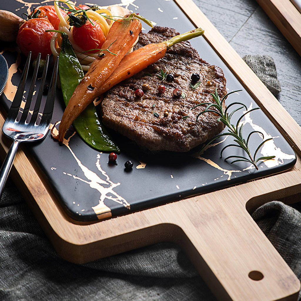 SOGA 33.5cm Black Square Wooden Serving Tray Slate Steak Serving Platter Chopping Board