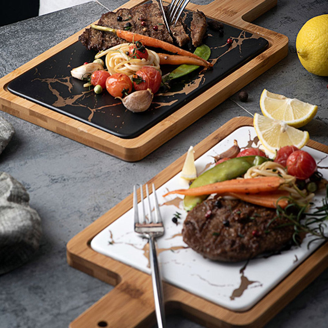 SOGA 33.5cm White Square Wooden Serving Tray Slate Steak Serving Platter Chopping Board