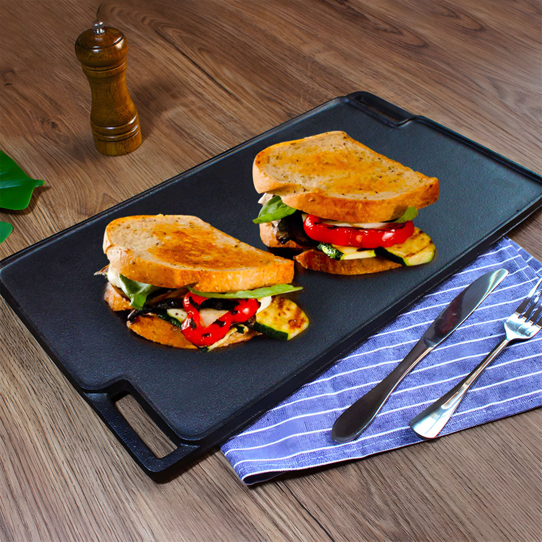 SOGA 45cm Rectangular Cast Iron Portable Fry BBQ Grill Plate Cooking Pan Tray With Handle