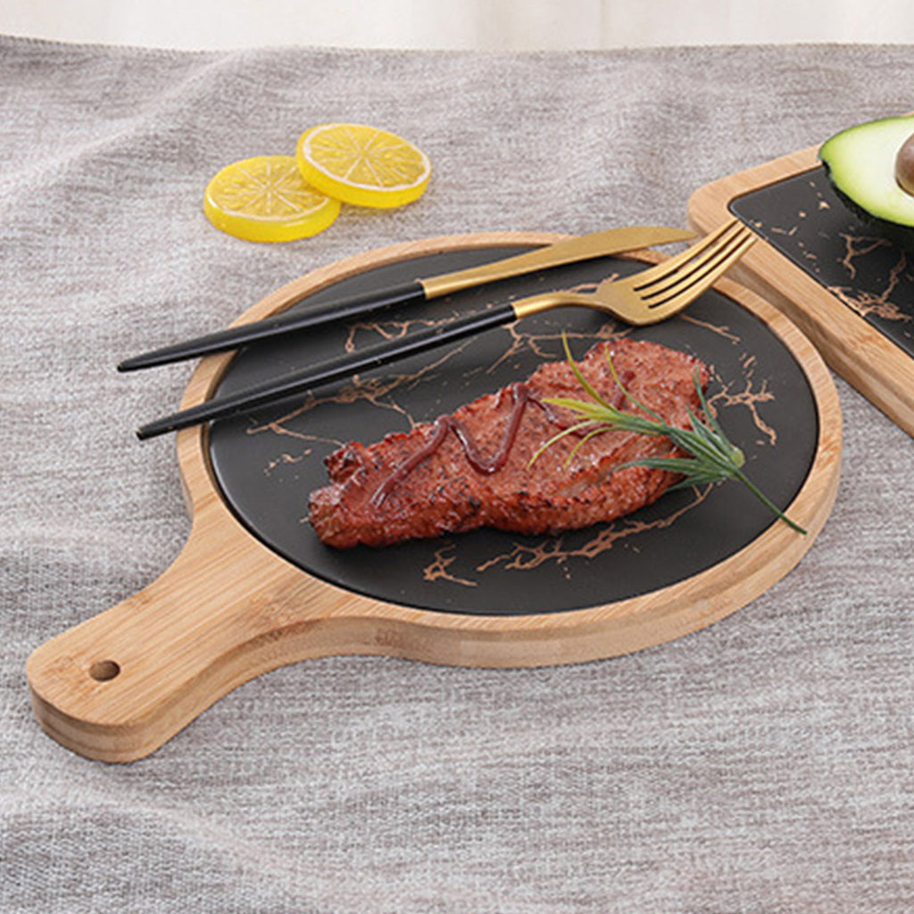 SOGA 30cm Black Circle Wooden Serving Tray Slate Steak Serving Platter Chopping Board