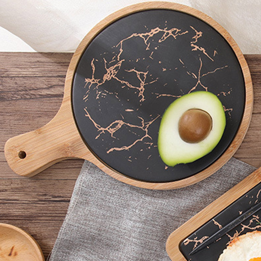 SOGA 30cm Black Circle Wooden Serving Tray Slate Steak Serving Platter Chopping Board