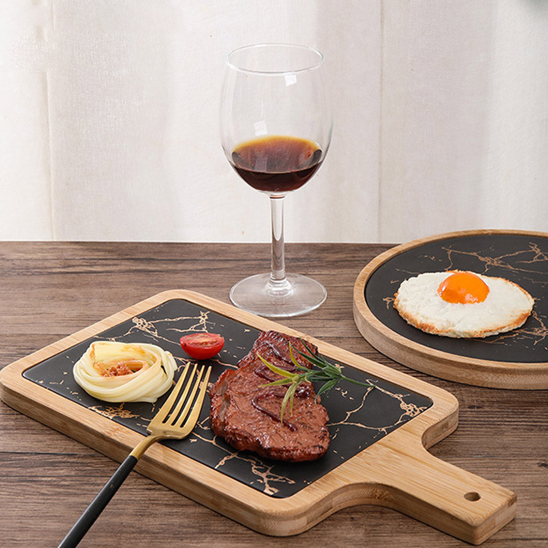 SOGA 33.5cm Black Square Wooden Serving Tray Slate Steak Serving Platter Chopping Board
