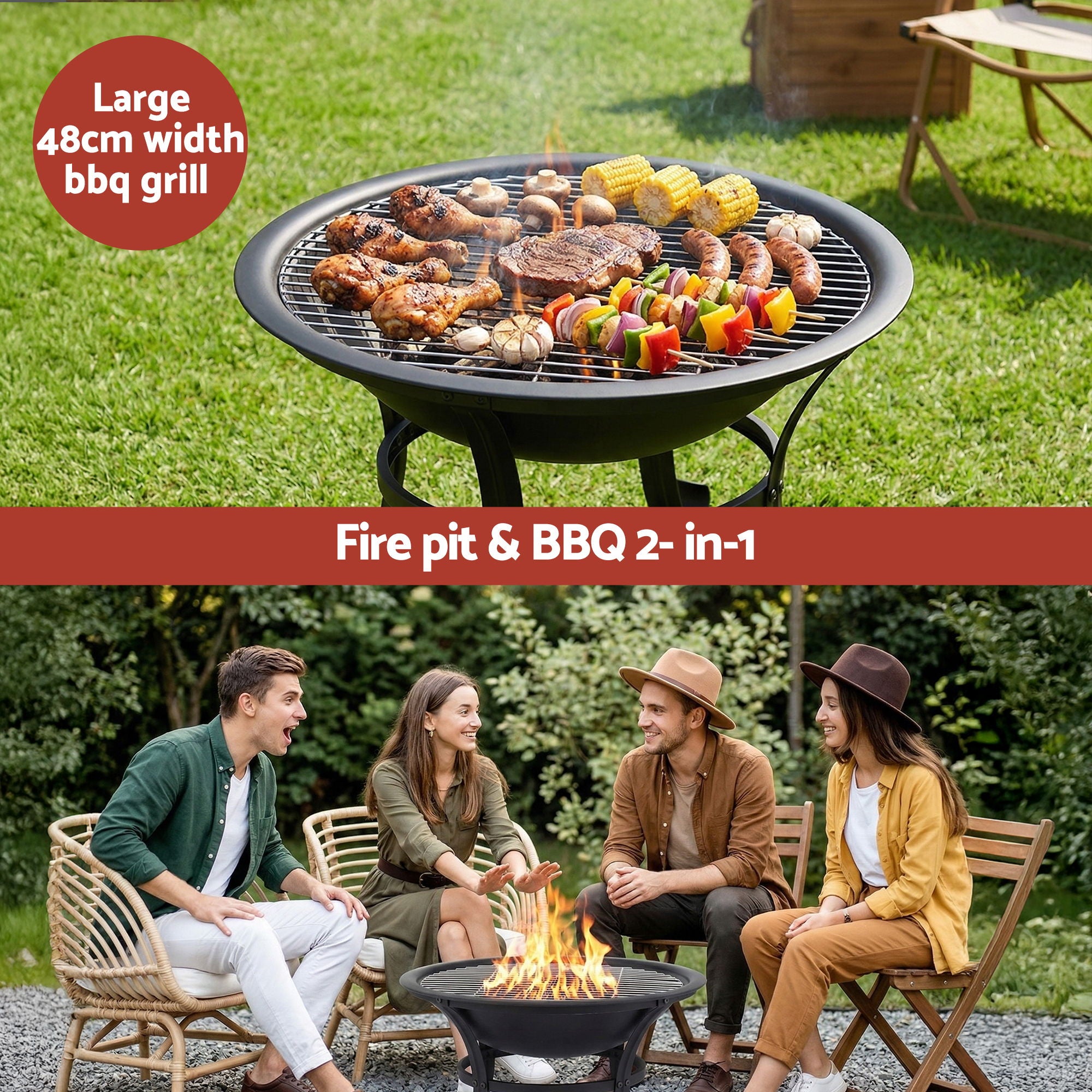 Grillz Fire Pit With Mesh Lid And Fire Picker BBQ Grill Wood Burning Outdoor Camping