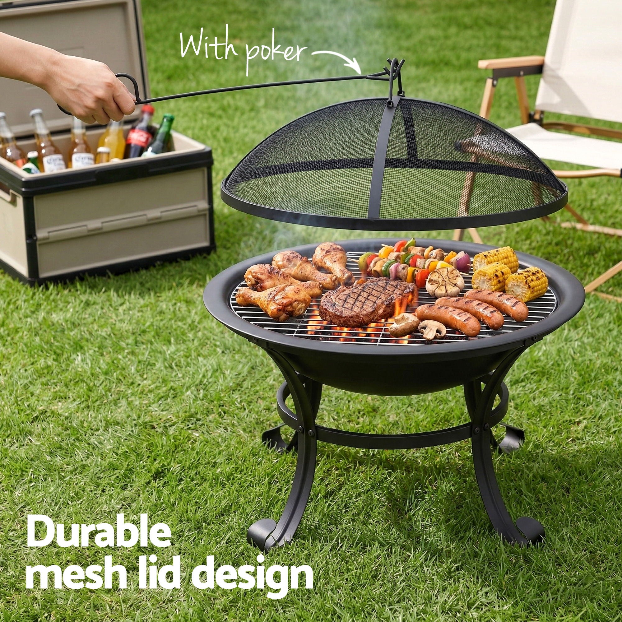Grillz Fire Pit With Mesh Lid And Fire Picker BBQ Grill Wood Burning Outdoor Camping