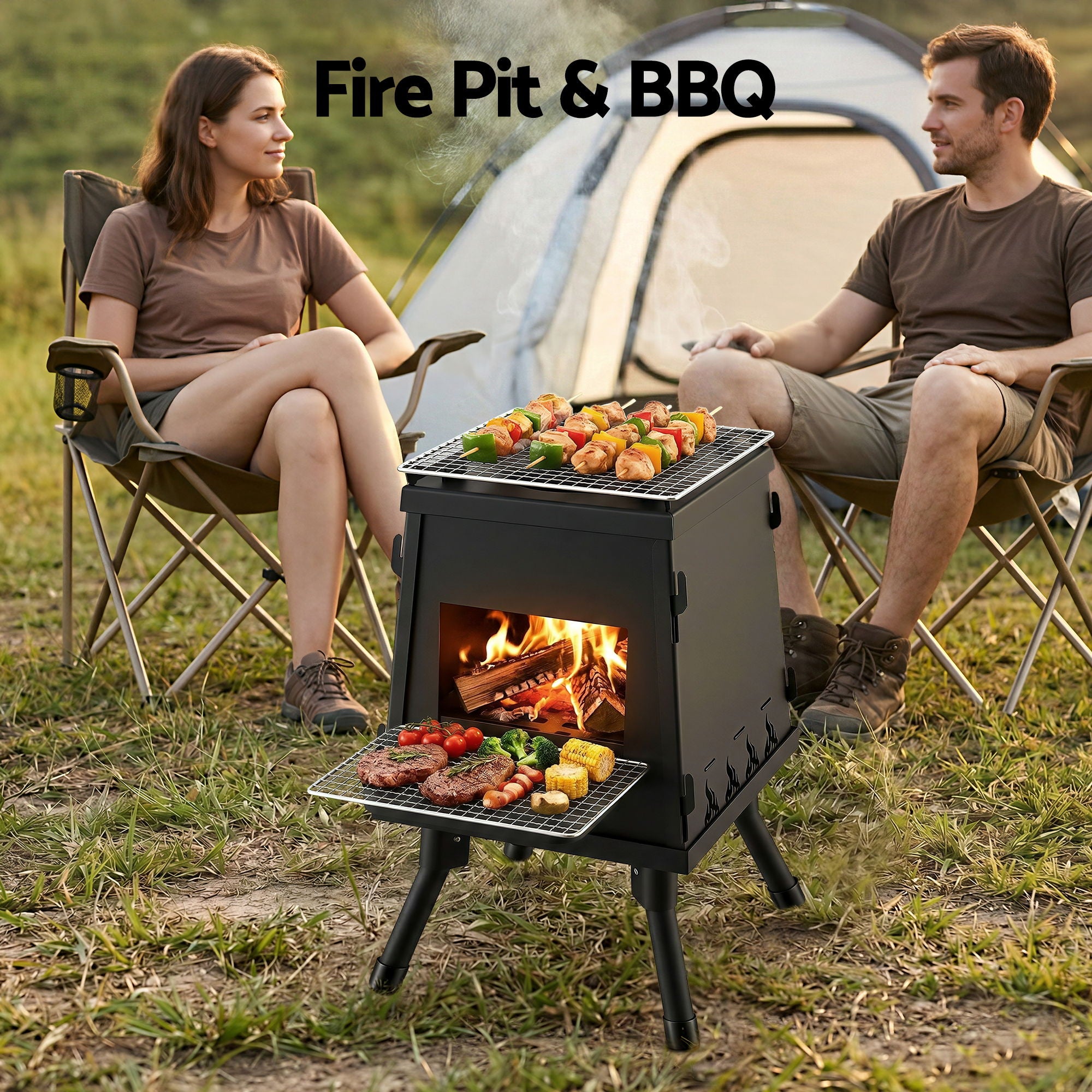 Grillz Fire Pit BBQ Portable Outdoor Fireplace Metal Camping Stove For Boiling Water, BBQ,