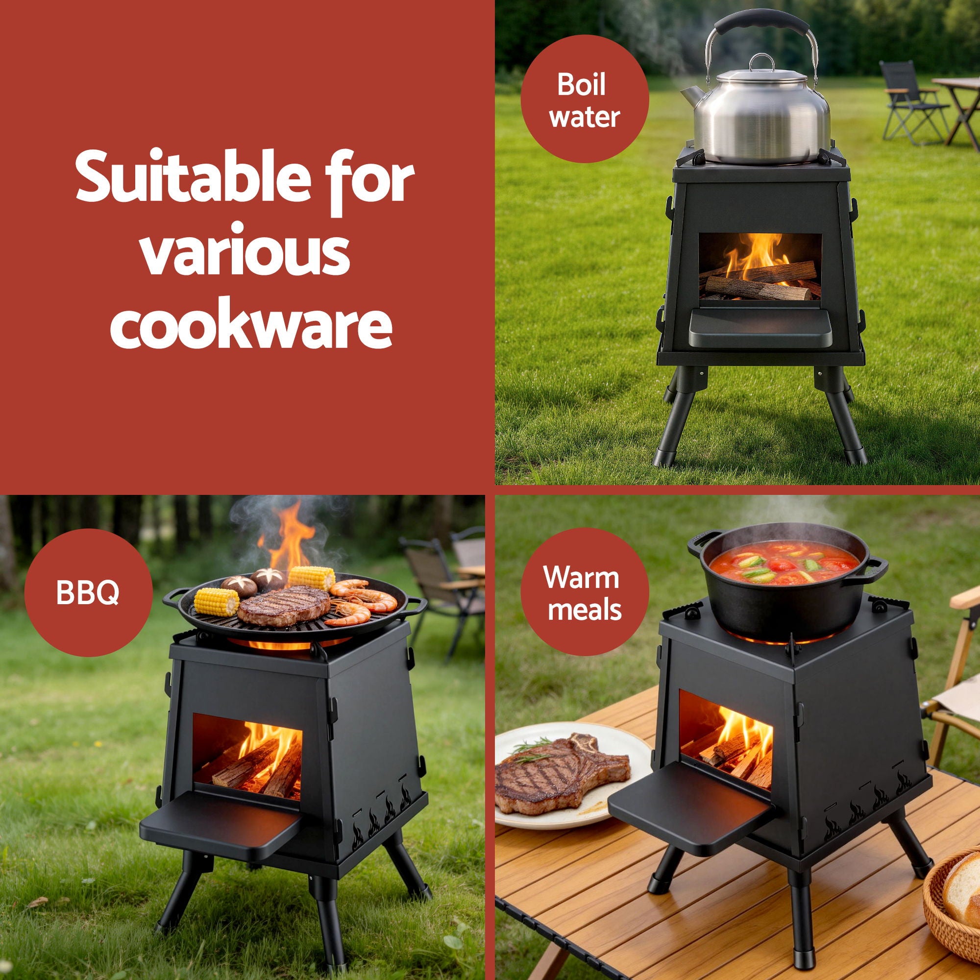 Grillz Fire Pit BBQ Portable Outdoor Fireplace Metal Camping Stove For Boiling Water, BBQ,