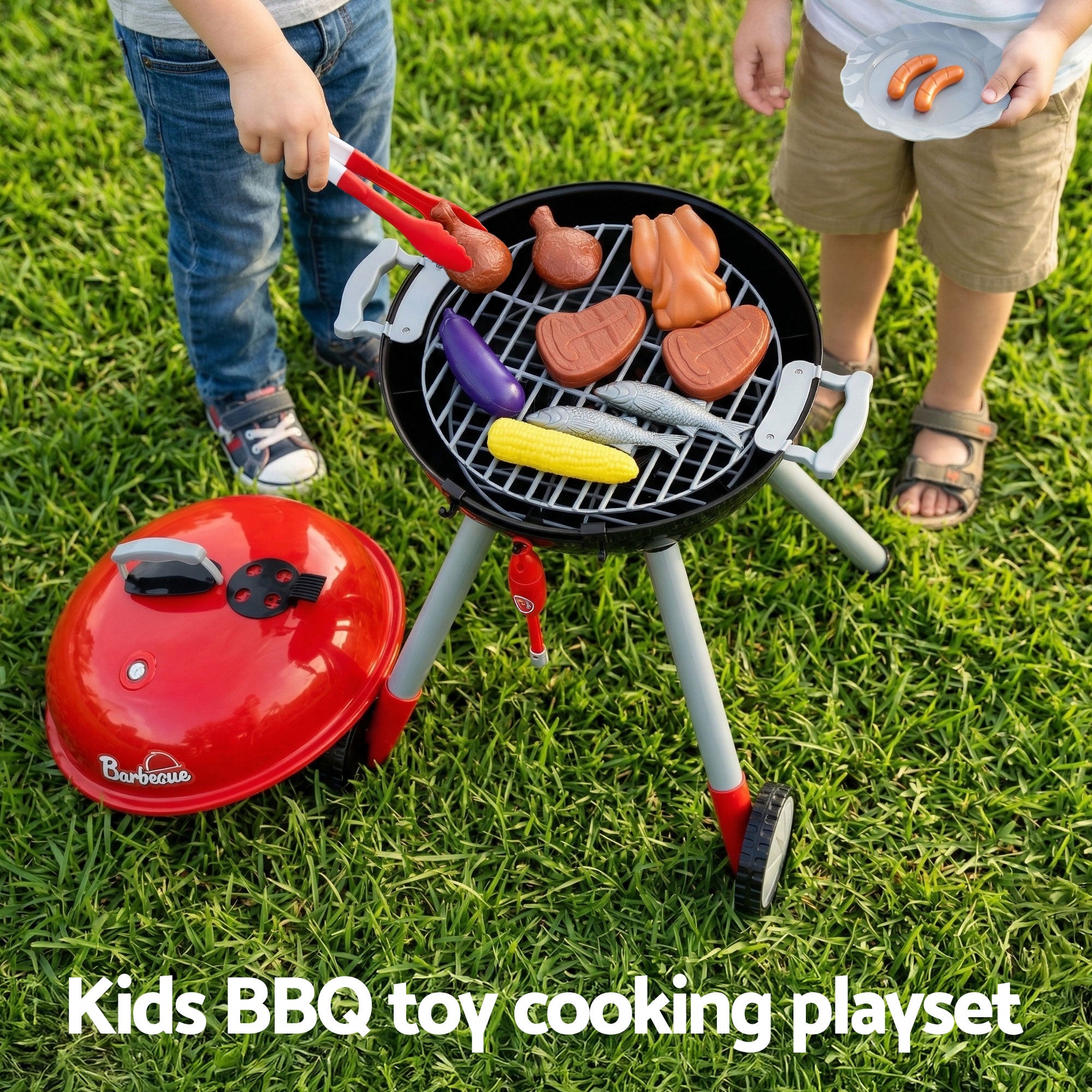 Keezi Kids Pretend Kitchen BBQ Playset Role Play Toy With Charcoal Play Food Cup