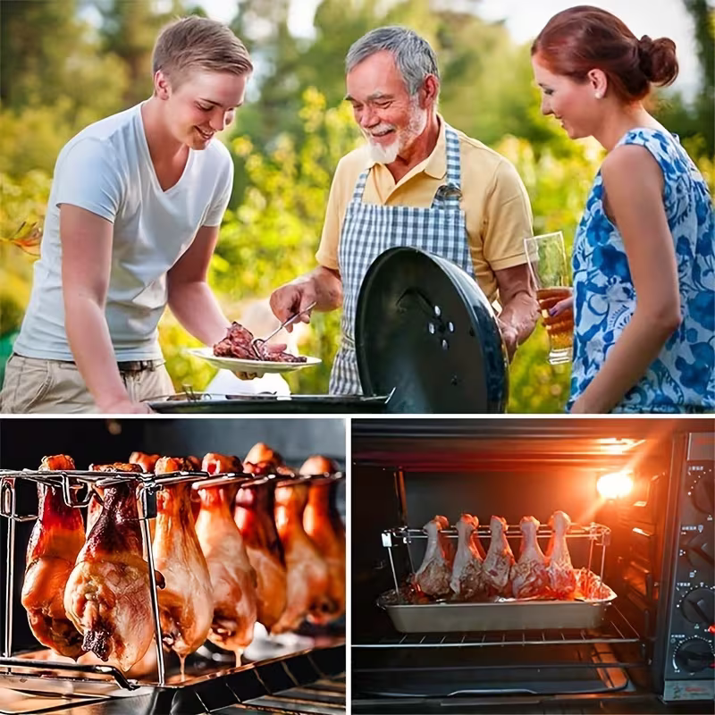 Stainless Steel Chicken Leg And Wing Rack Three-Piece Set: Foldable Standing Grill + Baking