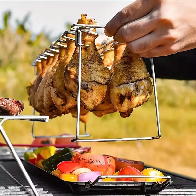 Stainless Steel Chicken Leg And Wing Rack Three-Piece Set: Foldable Standing Grill + Baking