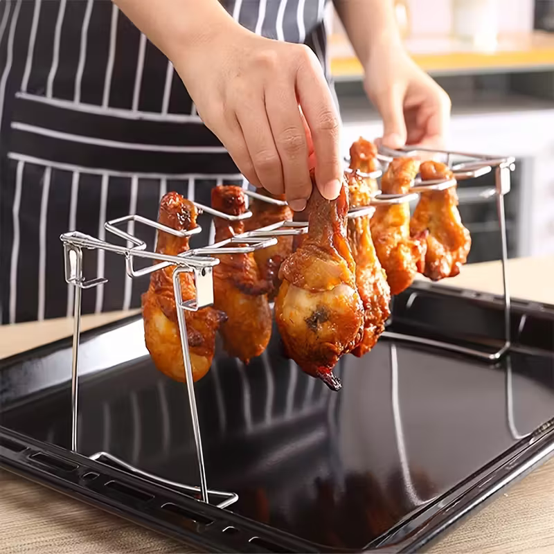 Stainless Steel Chicken Leg And Wing Rack Three-Piece Set: Foldable Standing Grill + Baking