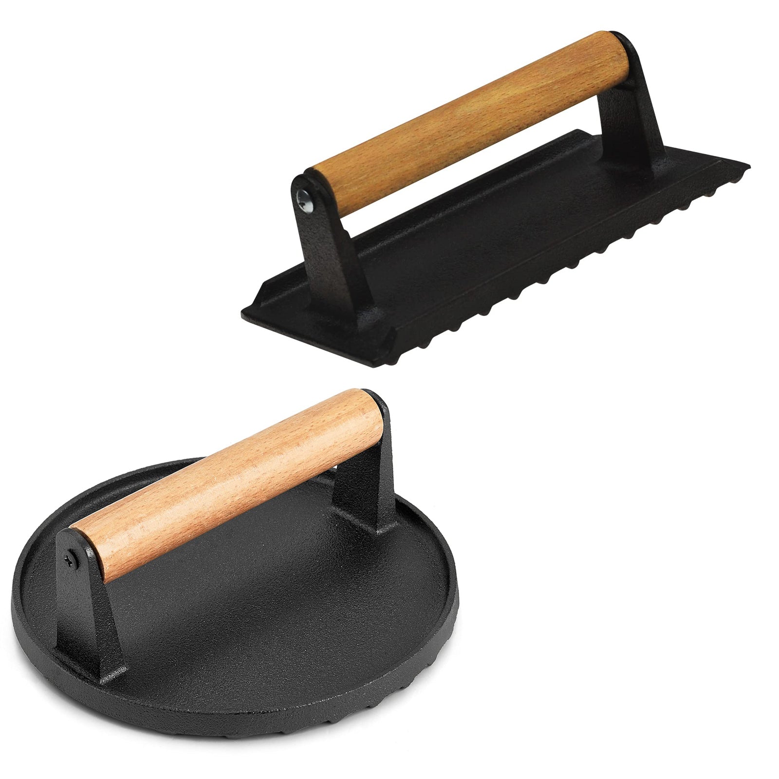Heavy Duty Round / Rectangle Cast Iron Grill Burger Press Pre-Seasoned Steak Griddle BBQ