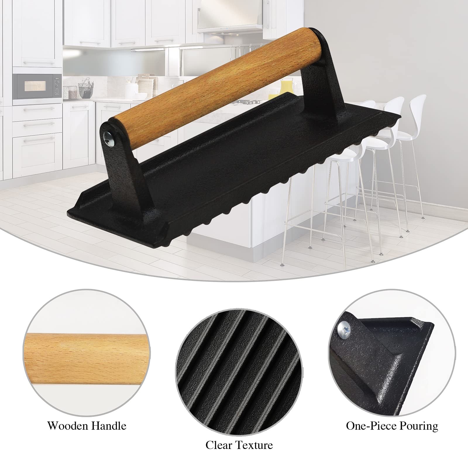 Heavy Duty Round / Rectangle Cast Iron Grill Burger Press Pre-Seasoned Steak Griddle BBQ