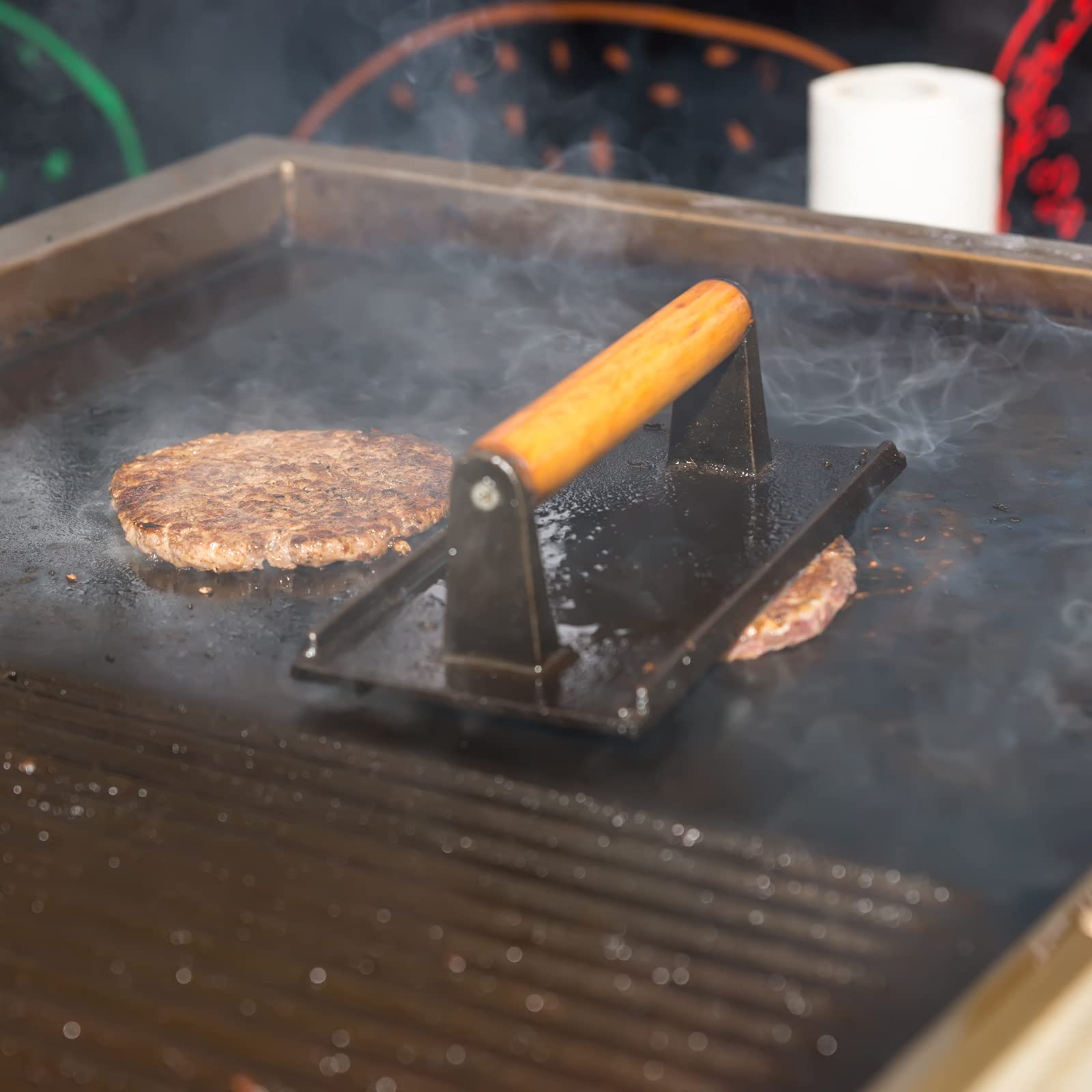 Heavy Duty Round / Rectangle Cast Iron Grill Burger Press Pre-Seasoned Steak Griddle BBQ