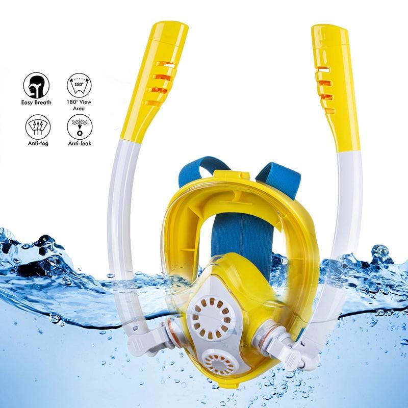 Full Dry Silicone Kids Diving Mask with Double Tubes - White Yellow