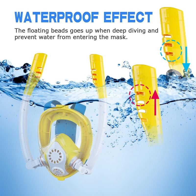 Full Dry Silicone Kids Diving Mask with Double Tubes - White Yellow