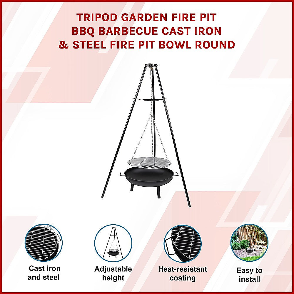 Tripod Garden Fire Pit BBQ — Cast Iron & Steel Round Outdoor Fire Bowl
