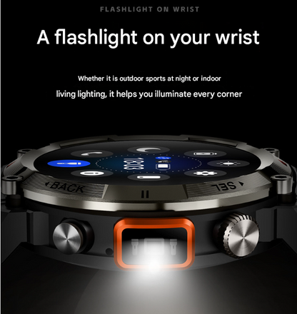 Black-red Outdoor Smartwatch with 1.45-Inch HD Round Screen and Flashlight