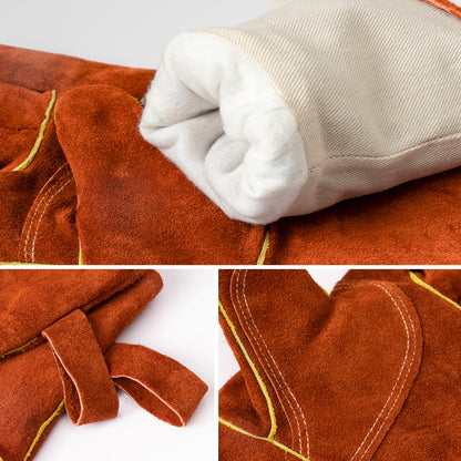 Grey 14-Inch Premium Leather BBQ Gloves - Heat-Resistant Up to 500 Degree