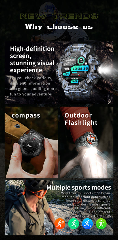 Rugged Outdoor Sport Smartwatch - HD Display, Compass, Flashlight, 100+ Sports Modes, Health Monitoring & Bluetooth Calls(Illusion pink)