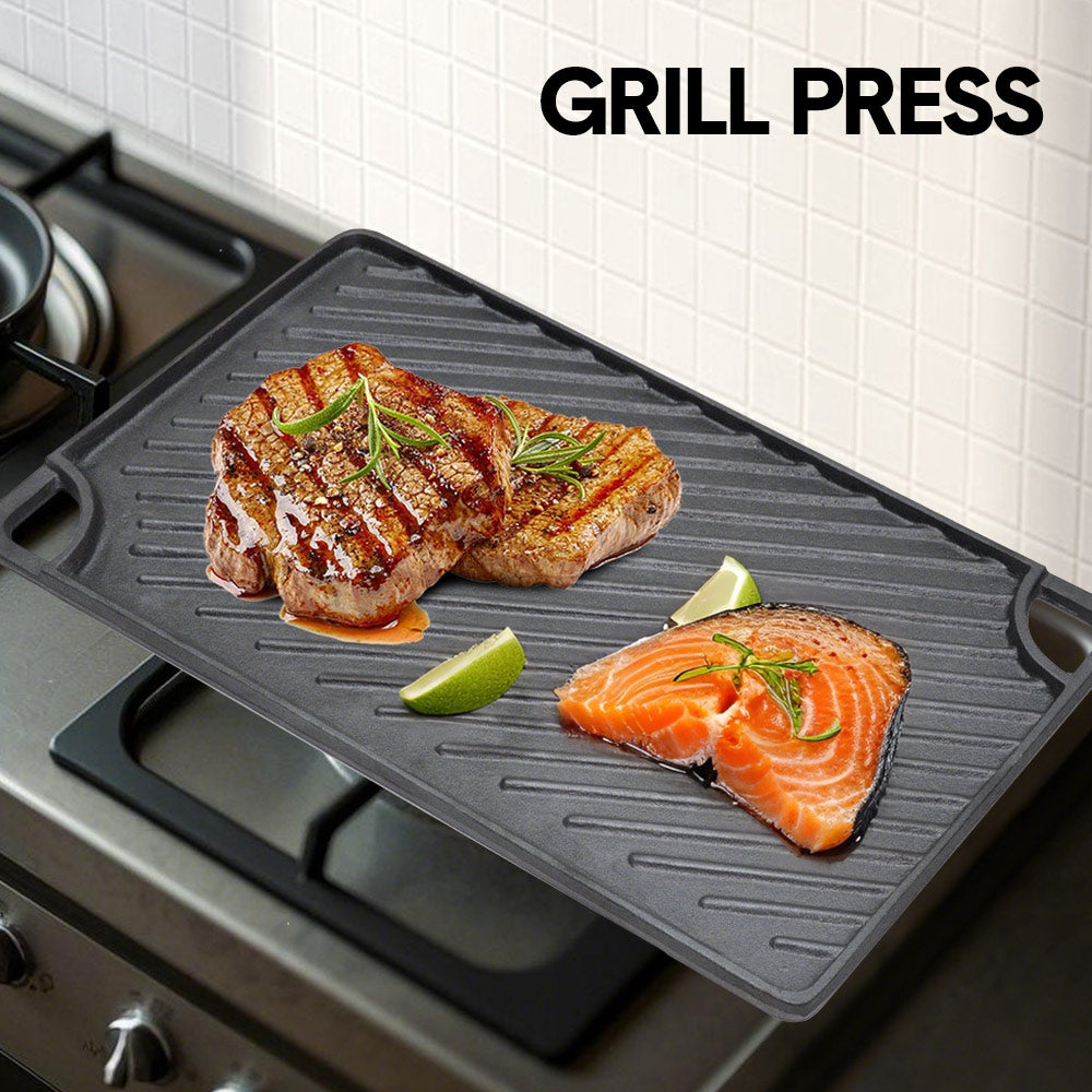 Reversible Cast Iron Griddle Rectangular BBQ Plate 43x24cm Double-Sided Flat Top Griddle