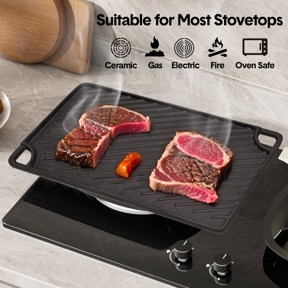 Reversible Cast Iron Griddle Rectangular BBQ Plate 43x24cm Double-Sided Flat Top Griddle