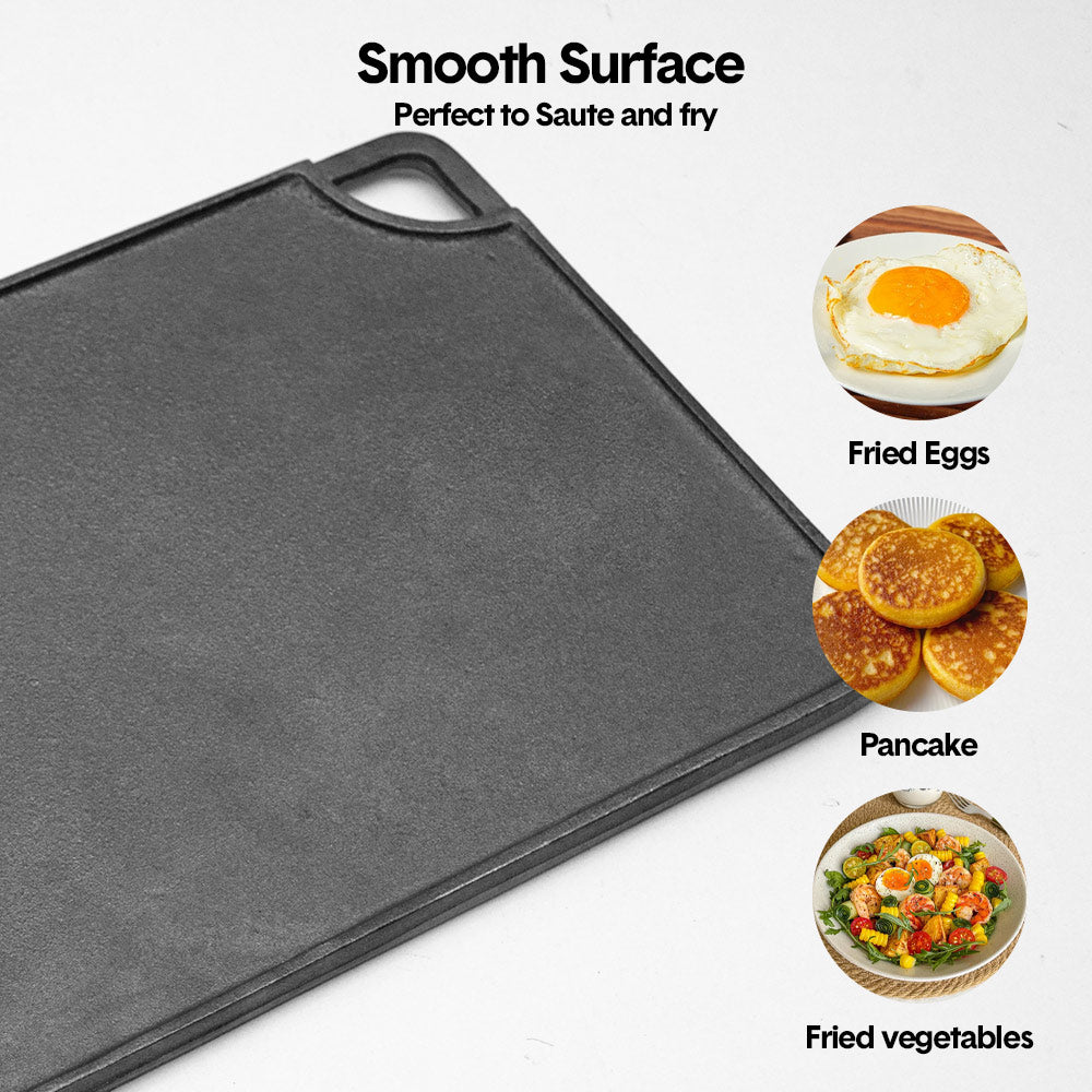 Reversible Cast Iron Griddle Rectangular BBQ Plate 43x24cm Double-Sided Flat Top Griddle