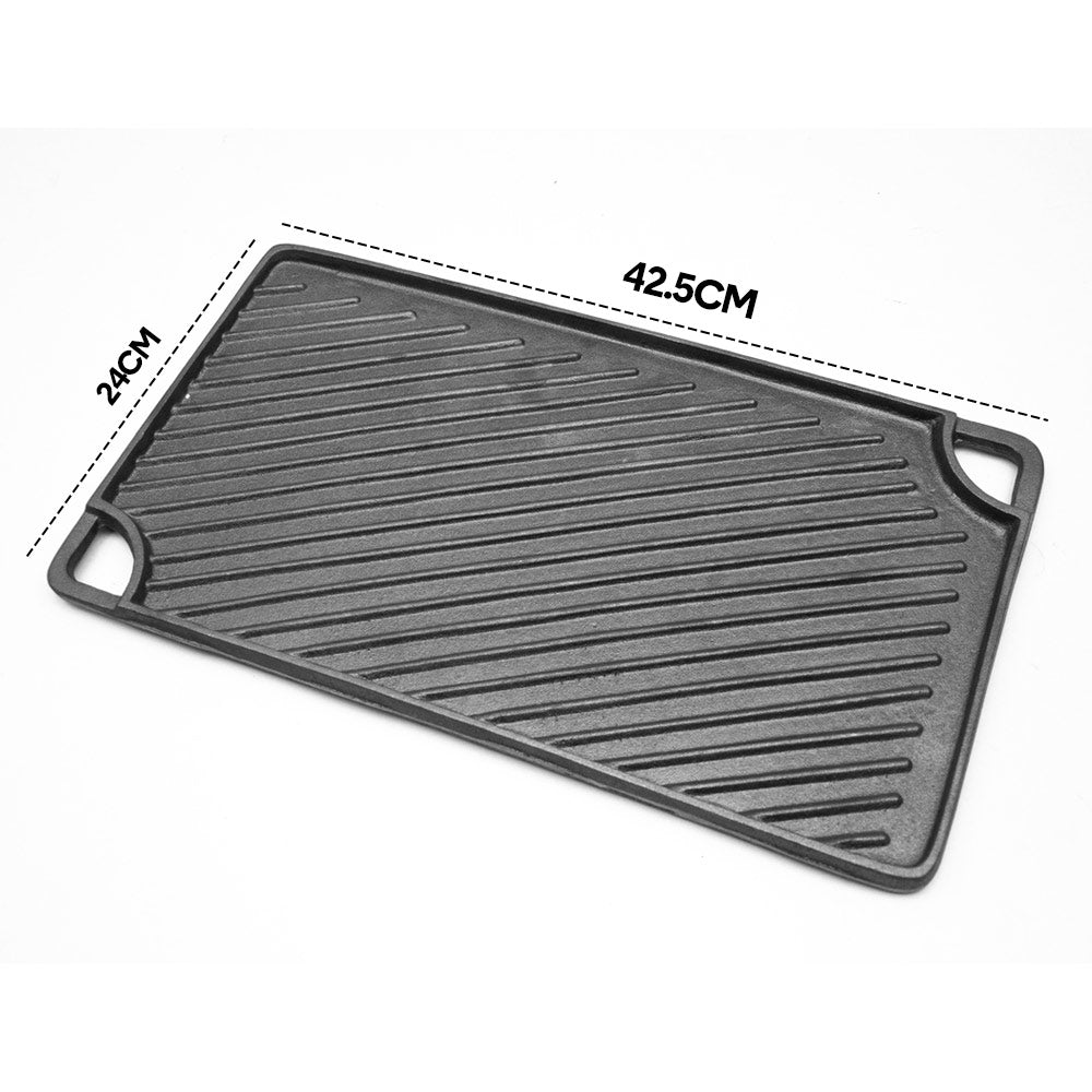 Reversible Cast Iron Griddle Rectangular BBQ Plate 43x24cm Double-Sided Flat Top Griddle