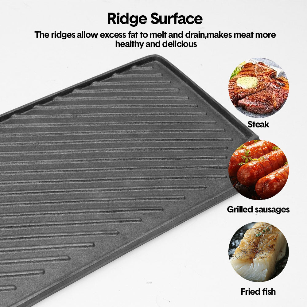 Reversible Cast Iron Griddle Rectangular BBQ Plate 43x24cm Double-Sided Flat Top Griddle