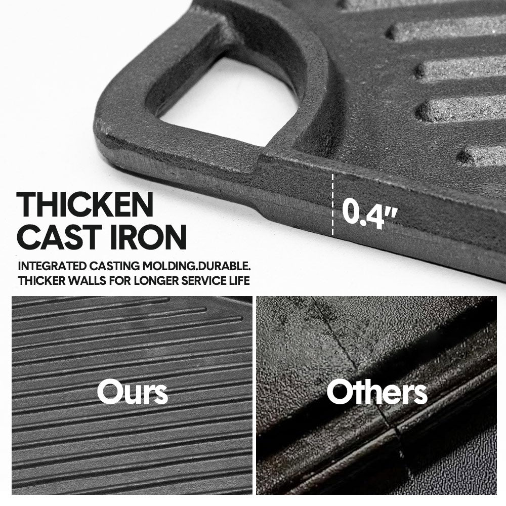 Reversible Cast Iron Griddle Rectangular BBQ Plate 43x24cm Double-Sided Flat Top Griddle